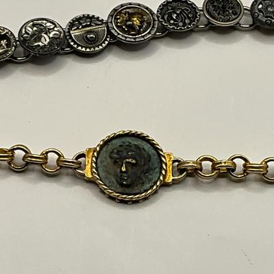 1152 Antique Circa 1880 Button Necklace with Button Bracelet and Roman Gold Tone Bracelet