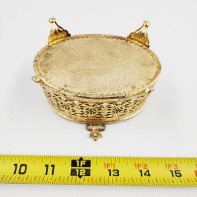VINTAGE ORMOLU GOLD TONED FILIGREE JEWELRY BOX