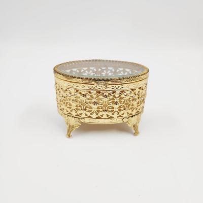 VINTAGE ORMOLU GOLD TONED FILIGREE JEWELRY BOX