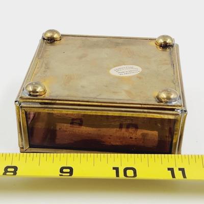 VINTAGE ENESCO BRASS & GLASS TRINKET BOX