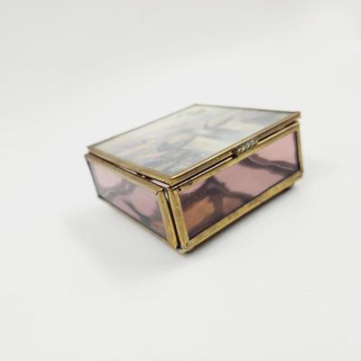 VINTAGE ENESCO BRASS & GLASS TRINKET BOX