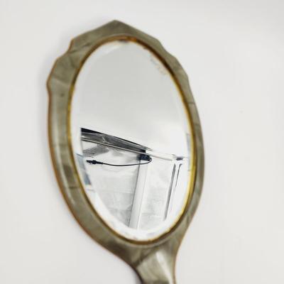 VINTAGE HAND HELD GRAYISH VANITY MIRROR