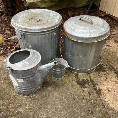 1204 Lot of Galvanized Watering can and Covered pails
