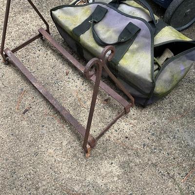 1208 Vintage Metal Firewood Rack with Firewood and Carrier