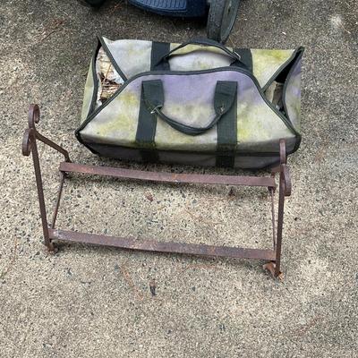 1208 Vintage Metal Firewood Rack with Firewood and Carrier