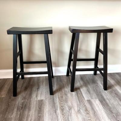 Distressed Dark Wooden Barstool Pair