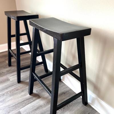 Distressed Dark Wooden Barstool Pair