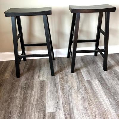 Distressed Dark Wooden Barstool Pair