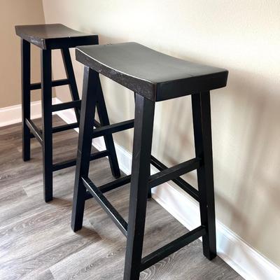 Distressed Dark Wooden Barstool Pair