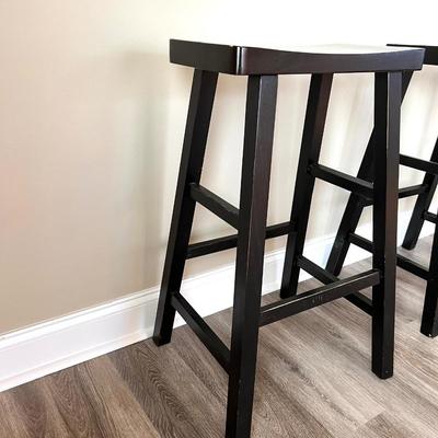 Distressed Dark Wooden Barstool Pair