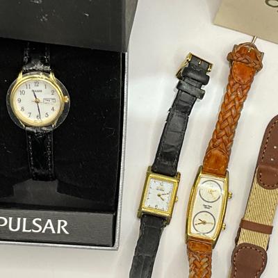 1218 Ladies Orvis Dual Time Quartz Watch with Black Leather Citizen Watch, and Pulsar Watch