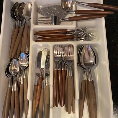 49-piece set of MCM flatware with wooden handles