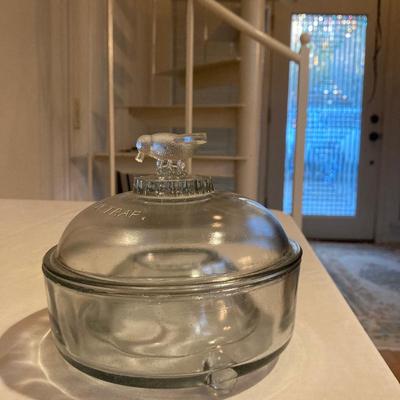 Vintage glass fly trap with bird  handle