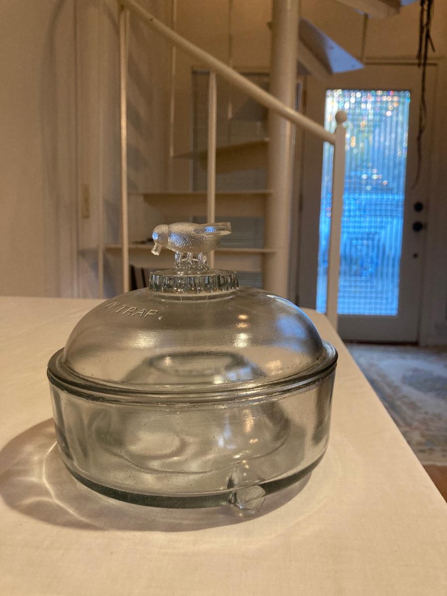 Vintage glass fly trap with bird handle