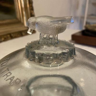 Vintage glass fly trap with bird  handle