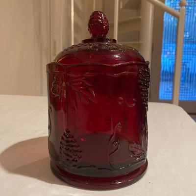 Vintage cranberry depression glass biscuit jar