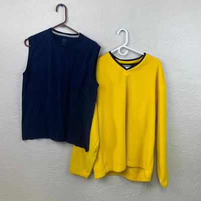 #601 Gap XL Yellow Sweater and Fruit of The Loom Medium Blue Sleeveless Shirt and