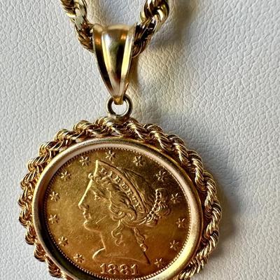 1881 $5 US Gold Liberty Head Coin Pendant Necklace 31.9 grams!