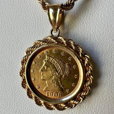 1906 Liberty 2 and 1 Half Dollar 19.9g US Gold Coin Pendant Necklace
