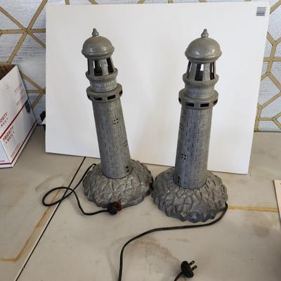 Pair Heavy Cast-Metal Maritime Nautical Lighthouse Table Lamps 17
