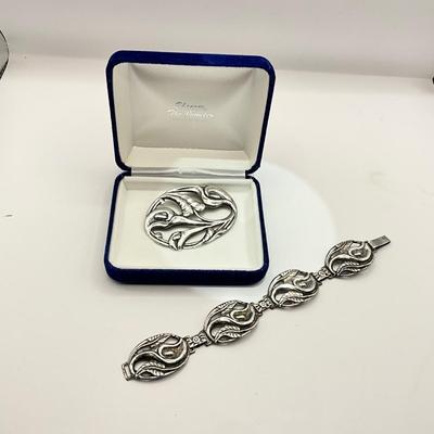 1293 Vintage Sterling Silver Cala Lily Bracelet and Pin