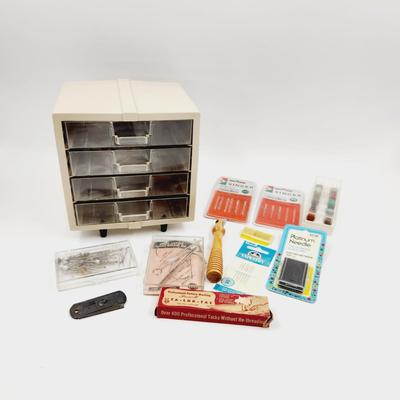 SEWING BUNDLE W/ VINTAGE PLASTIC SEWING CABINET