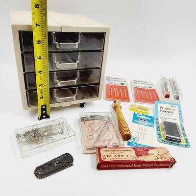 SEWING BUNDLE W/ VINTAGE PLASTIC SEWING CABINET