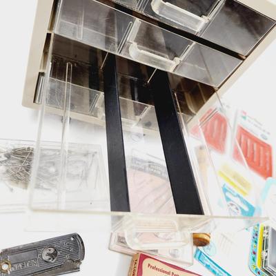 SEWING BUNDLE W/ VINTAGE PLASTIC SEWING CABINET