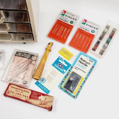 SEWING BUNDLE W/ VINTAGE PLASTIC SEWING CABINET