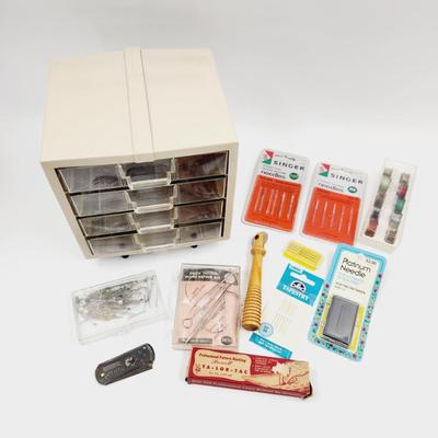 SEWING BUNDLE W/ VINTAGE PLASTIC SEWING CABINET
