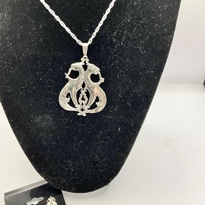 1329 Vintage Sterling Double Dragon Sea Griffin with matching Earrings