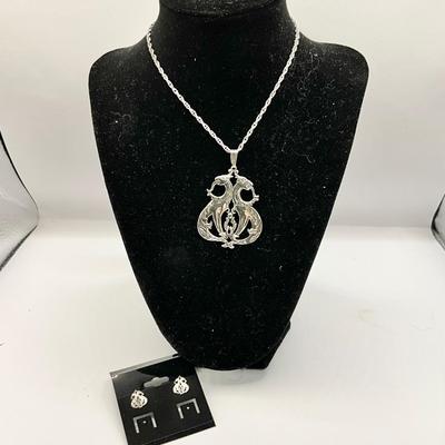 1329 Vintage Sterling Double Dragon Sea Griffin with matching Earrings