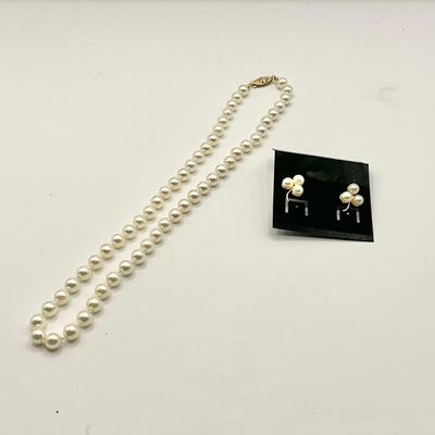 1568 14k Yellow Gold Filigree Clasp 6.5mm Pearl Necklace and Earring Lot
