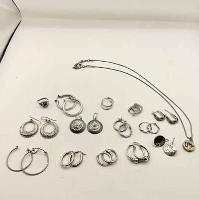 1573 Large Lot of .925 Silver Earrings and Zodiac Sign Necklace