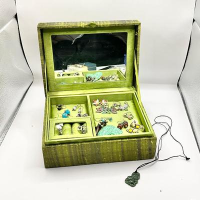 1578 Green Jewelry Beaded  Box with Small Sterling Pierced Earrings and Necklace