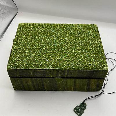 1578 Green Jewelry Beaded  Box with Small Sterling Pierced Earrings and Necklace