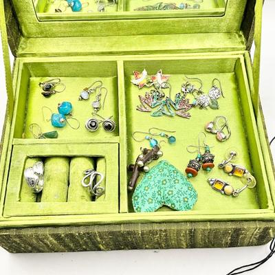 1578 Green Jewelry Beaded  Box with Small Sterling Pierced Earrings and Necklace