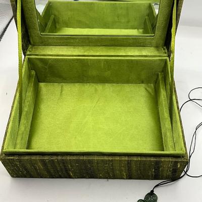 1578 Green Jewelry Beaded  Box with Small Sterling Pierced Earrings and Necklace