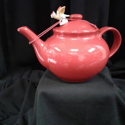 Red Teapot with porcelain bird lid holder