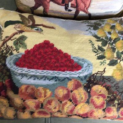 1363 Needlepoint Decorative Pillow Lot Fruit Basket Equestrian