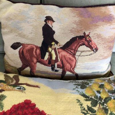 1363 Needlepoint Decorative Pillow Lot Fruit Basket Equestrian