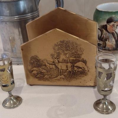 Collection of Vintage Bar Ware includes Solid Bronze Napkin Holder by Wendell August Forge
