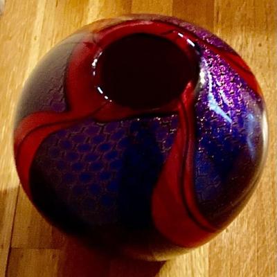 Tim Lazer Art Glass Red & Purple Vase