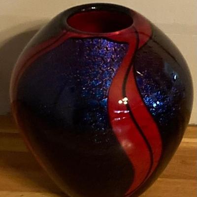 Tim Lazer Art Glass Red & Purple Vase