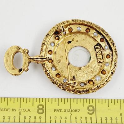 VTG SIGNED BSK LIMOGES MADE IN FRANCE FEMALE FIGURAL WATCH STYLE BROOCH