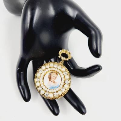 VTG SIGNED BSK LIMOGES MADE IN FRANCE FEMALE FIGURAL WATCH STYLE BROOCH