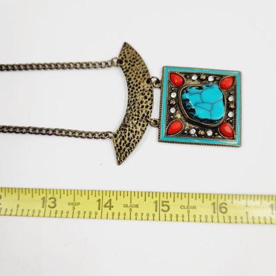 ANTIQUE FINISH FAUX TURQUOISE METAL NECKLACE