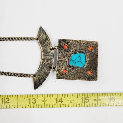 ANTIQUE FINISH FAUX TURQUOISE METAL NECKLACE