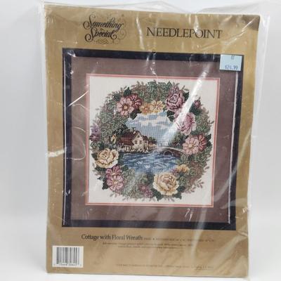 NEW SOMETHINGS SPECIAL - COTTAGE W/ FLORAL WREATH NEEDLEPOINT