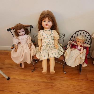 Lot 3 Dolls with Chairs Bench Ideal Doll ,Alexander